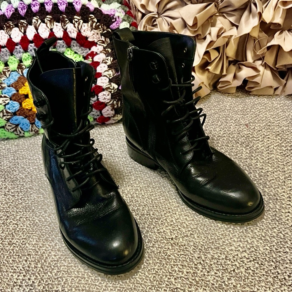 Coupe De Foundre Black Leather Lace-Up Zipper Moto Combat Boots - Picture 2 of 11